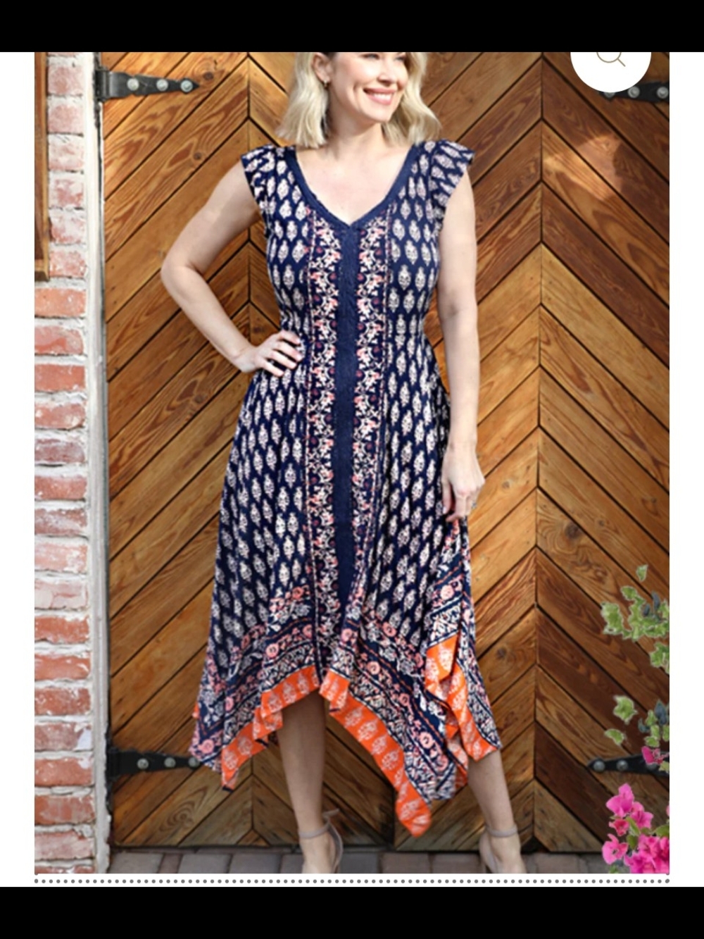 Nostalgia Navy and Orange Printed Handkerchief Hem Dress